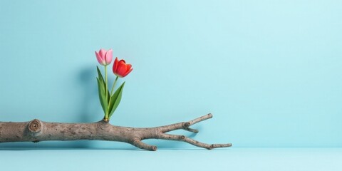 Poster - Spring Blooms on a Rustic Branch A Minimalist Still Life Featuring Delicate Tulips Against a Serene Light Blue Background