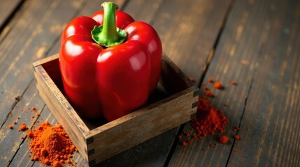Poster - A vibrant red bell pepper rests inside a rustic wooden box, surrounded by a scattering of paprika powder on a dark wooden surface.