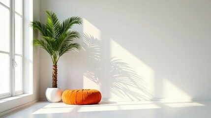 Aufkleber - Serene Minimalist Interior Design Featuring a Lush Potted Plant and a Vibrant Orange Pouf in a Sunlit Corner