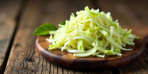 Poster - A delectable pile of finely julienned zucchini rests on a rustic wooden board, complemented by a sprig of fresh basil.