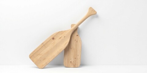 Aufkleber - Rustic Wooden Paddle and Serving Board Resting Against a Plain White Wall
