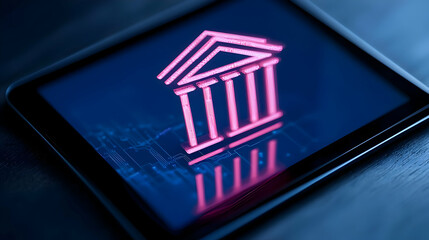 Poster - Neon Bank Building Icon on Digital Screen for Finance Concept