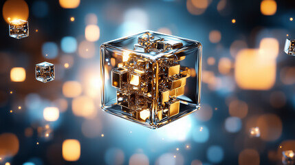 Poster - A stunning composition reveals a giant cube constructed from countless smaller cubes, suspended elegantly in an endless void. Shimmering lights enhance its ethereal beauty