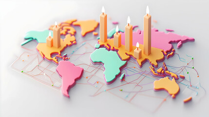 Poster - Colorful 3D World Map with Candles and Connection Lines Illustration