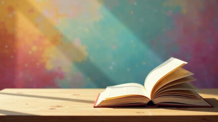 Aufkleber - Open book rests on wooden surface bathed in sunlight against a colorful backdrop