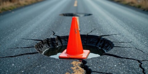 Poster - A vibrant orange traffic cone stands sentinel amidst a severely damaged asphalt road surface, signifying caution and the need for urgent repairs.