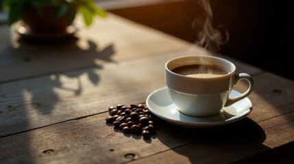 Poster - Aromatic Coffee in a White Mug on a Rustic Wooden Table with Roasted Beans and Sunlight