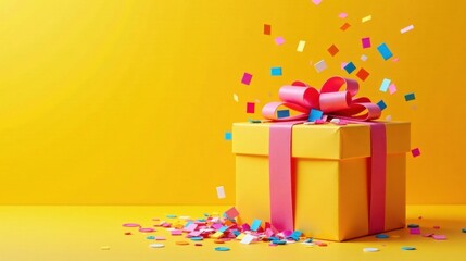 Aufkleber - A vibrant yellow gift box, adorned with a cheerful pink ribbon, sits amidst a flurry of colorful confetti, creating a festive and celebratory scene against a sunny backdrop.
