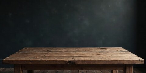 Poster - Rustic Wooden Tabletop Against a Dark Textured Background, Ideal for Product Displays and Mockups