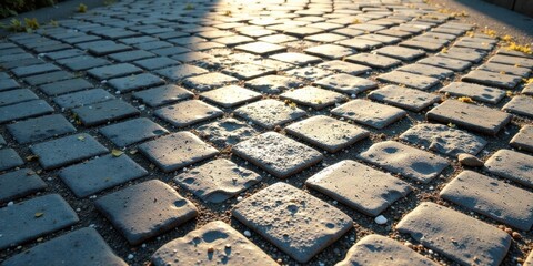 Fototapete - Sunlit Cobblestone Path A Textured Surface of Gray Stones with Subtle Variations in Shade and Embedded Small Pebbles and Plant Life