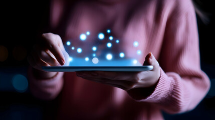 Poster - Hands Touching Tablet with Digital Lights in Dark Environment
