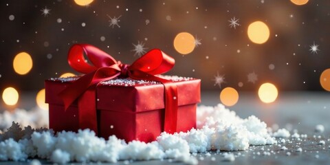 Poster - A Festive Red Gift Box Adorned with a Luxurious Bow, Nestled in Sparkling Snow Against a Warm, Glowing Background