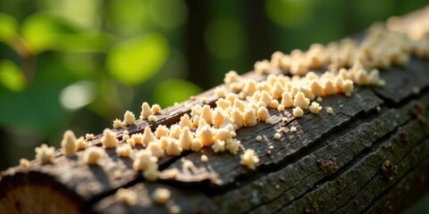 Poster - Delicate Cream-Colored Fungi Flourishing on a Sun-Dappled Weathered Log in a Verdant Forest