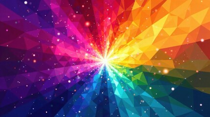 Poster - Vibrant Polygonal Burst of Color with Sparkling Dust and Radiant Glow, Ideal for Festive Designs and Digital Art Projects