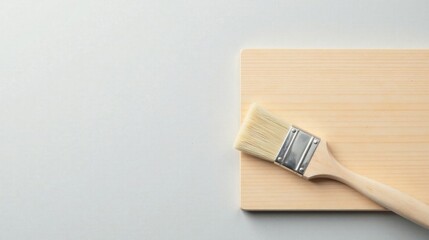 Poster - A paintbrush rests on a smooth, light-colored wooden plank against a neutral background, ready for a creative project.