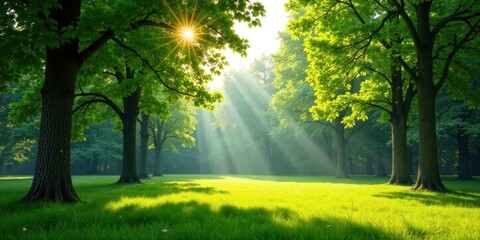 Poster - Serene Sunlight Illuminates a Lush Green Meadow, Bathed in the Golden Rays of Dawn, with Majestic Trees Standing Tall and Proud, Creating a Tranquil and Peaceful Atmosphere