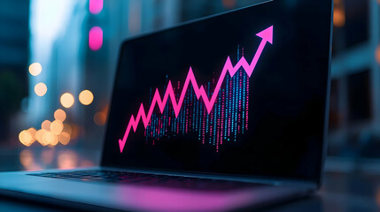Poster - Dynamic Growth Chart on Laptop Display with Blurred City Background