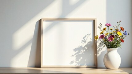 Poster - Empty light wood frame mockup with colorful flowers in vase on wooden surface