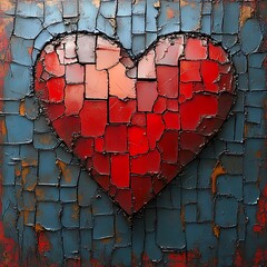 Poster - Textured heart art with cracked surface and contrasting blue and red colors