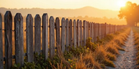Aufkleber - Rustic Wooden Fence Line at Golden Hour, Beside a Dusty Path, Wild Grass and Lush Greenery