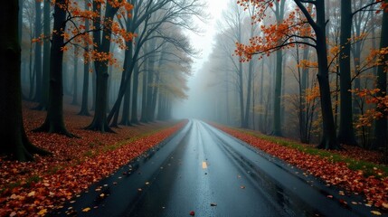 Aufkleber - Autumnal Road Through Misty Forest, Leaves Adorn the Path, Serene and Peaceful Atmosphere