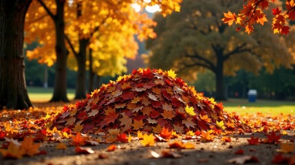 Poster - Autumnal foliage mound in park setting, vibrant red and gold leaves scattered on ground, sunlit scene