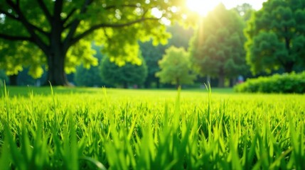 Aufkleber - A Vibrant Green Meadow Basking in the Warm Glow of a Summer Sunset, with Lush Trees Softly Blurred in the Background, Evoking a Sense of Tranquility and Natural Beauty