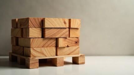 Aufkleber - A miniature wooden pallet carefully supports a neatly stacked arrangement of light brown rectangular blocks, suggesting concepts of construction, stability, or logistics.