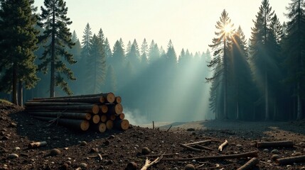 Poster - Serene Sunrise Illuminates a Forest Clearing with a Stack of Logs, Showing the Aftermath of Timber Harvesting in a Misty Atmosphere
