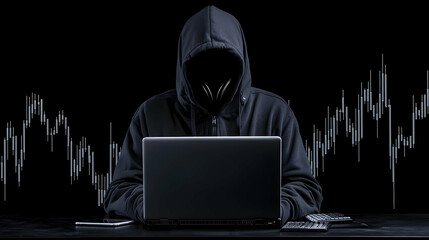 Poster - Mysterious Hacker Working at Laptop in Dark Environment with Graphs