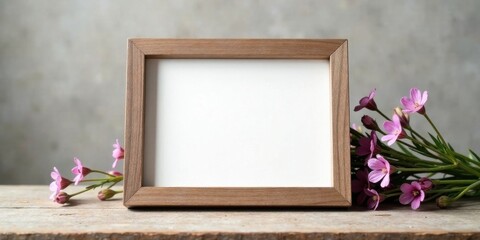 Poster - A blank square wooden frame rests on a rustic surface, adorned by a delicate bouquet of light purple wildflowers.