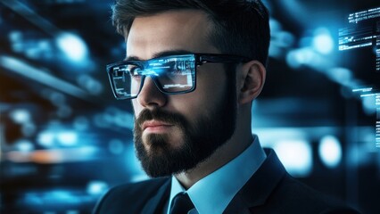 Poster - professional man wearing smart glasses, immersed in digital interface, futuristic background