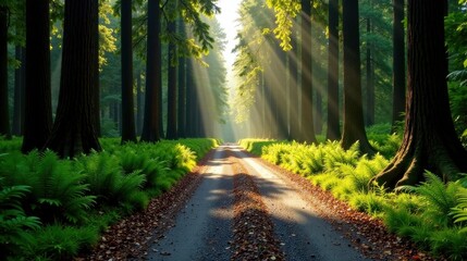 Aufkleber - Sunlit Path Through a Verdant Forest of Tall Trees with Lush Green Undergrowth