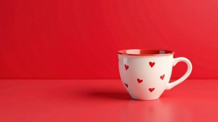 Poster - A Charming White Mug Adorned with Small Red Hearts on a Vibrant Red Surface