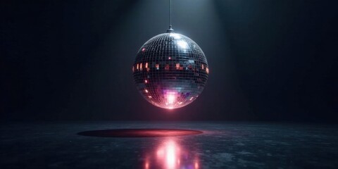 Poster - Reflective Sphere Hanging in Dark Room, Illuminated with Pink and Orange Light, Casting Shadow on Floor