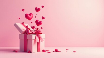 Aufkleber - Pink gift box overflowing with love hearts floating from an open present, symbolizing affection and surprise