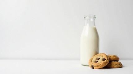 Poster - A refreshing glass bottle of creamy milk alongside a delightful trio of chocolate chip cookies on a bright white surface.