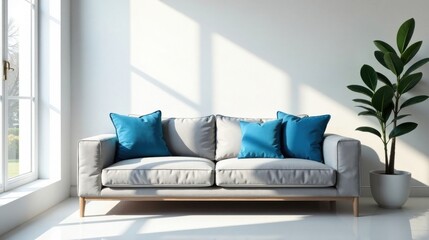 Poster - Serene Living Room with Light Grey Sofa and Vibrant Blue Cushions Basking in Sunlight