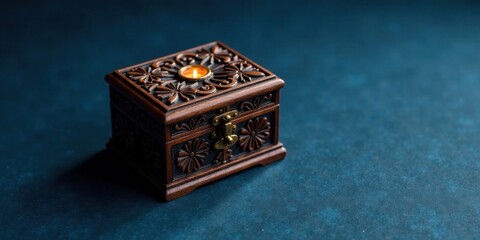 Leinwandbilder - Intricately Carved Wooden Box with a Glowing Candle Inside, Resting on a Dark Blue Surface