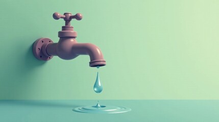 Poster - A single drop of water falls from a pastel-colored faucet against a soft green backdrop.