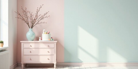 Aufkleber - Pastel Pink Chest of Drawers with Spring Decor and Cake