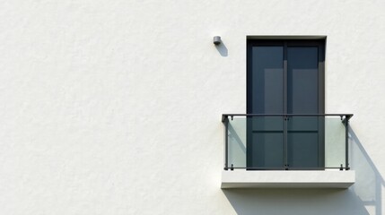 Poster - Minimalist balcony with glass railing and dark window on a white wall