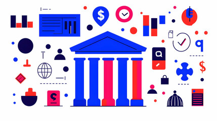 Poster - Abstract Financial Institution Concept with Colorful Icons and Symbols
