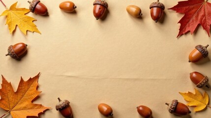 Poster - Autumnal Frame of Acorns and Colorful Leaves on a Neutral Background