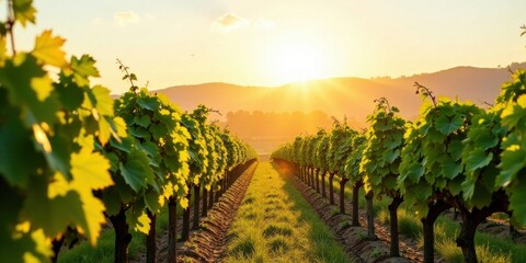 Poster - Golden Hour in a Vineyard Rows of Lush Grapevines Bask in the Warm Sunset Glow, a Picturesque Scene of Agricultural Beauty