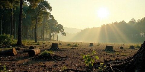 Poster - Sunbeams Illuminate a Cleared Forest Area, Revealing the Aftermath of Deforestation at Dawn