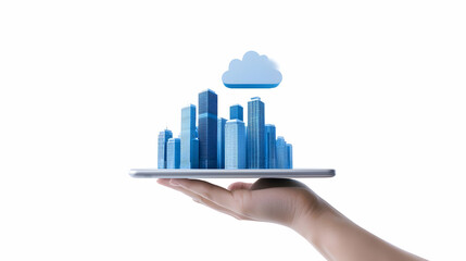 Aufkleber - Hands Holding Tablet Displaying 3D Model of Cityscape and Cloud