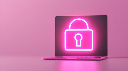 Poster - Neon Lock Icon on Laptop Screen in Pink Background