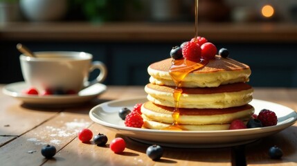 Poster - A delightful stack of fluffy pancakes, adorned with a medley of fresh berries and a drizzle of golden syrup, served on a rustic wooden table alongside a cup of coffee.