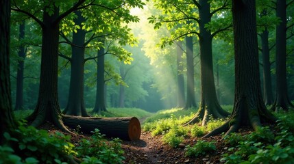 Poster - Sunlit Forest Path with Fallen Log, Tranquil Woodland Scene, Lush Green Canopy
